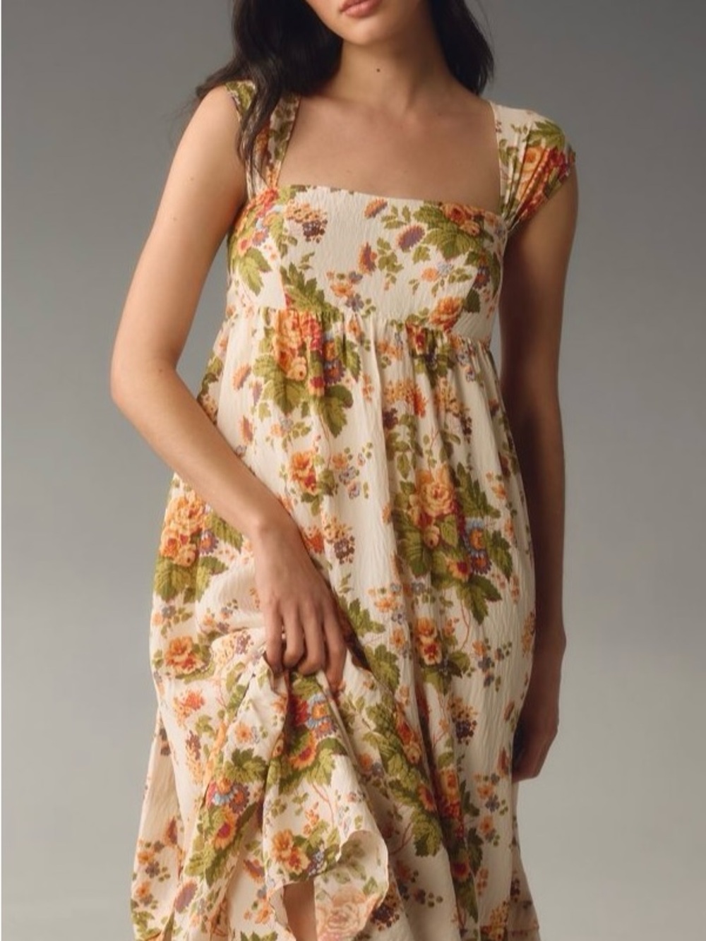 Anthropologie Floral Ivory Maxi Dress with Beautiful Bouquet Floral Print.